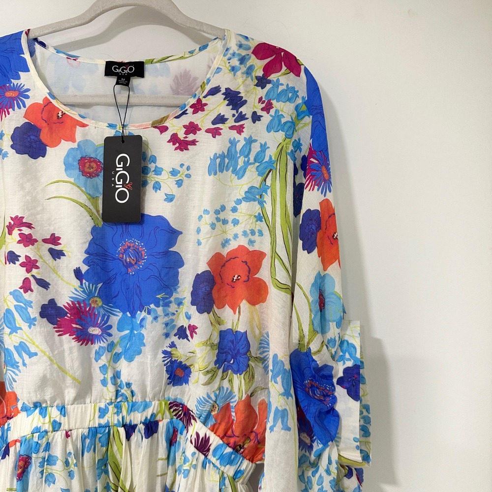 GiGiO USA Floral Mini Dress Womens Medium Blue Orange Puff Sleeve Elastic Waist